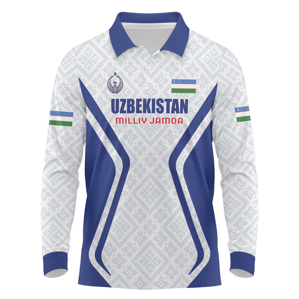 Custom Football Uzbekistan Long Sleeve Polo Shirt Milliy Jamoa White Version - Wonder Print Shop