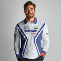 Custom Football Uzbekistan Long Sleeve Polo Shirt Milliy Jamoa White Version - Wonder Print Shop
