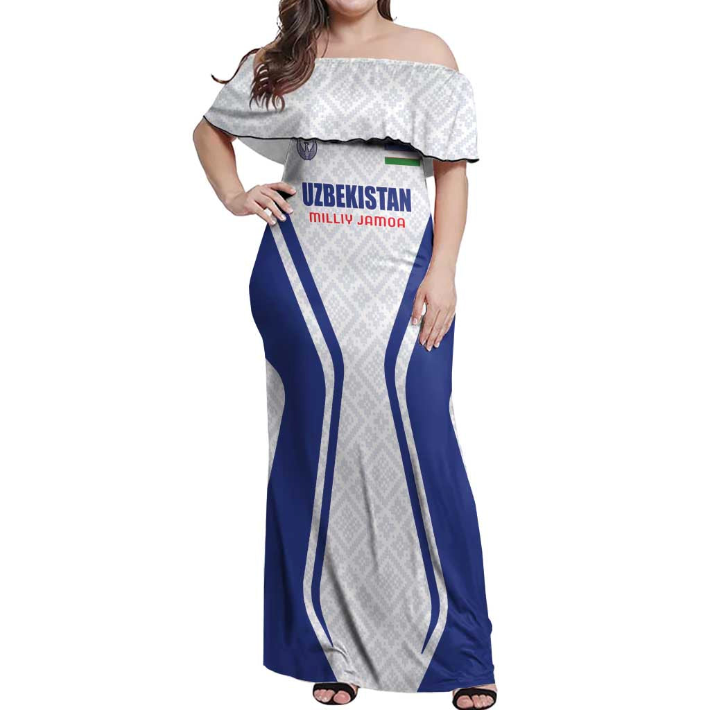 Custom Football Uzbekistan Off Shoulder Maxi Dress Milliy Jamoa White Version - Wonder Print Shop