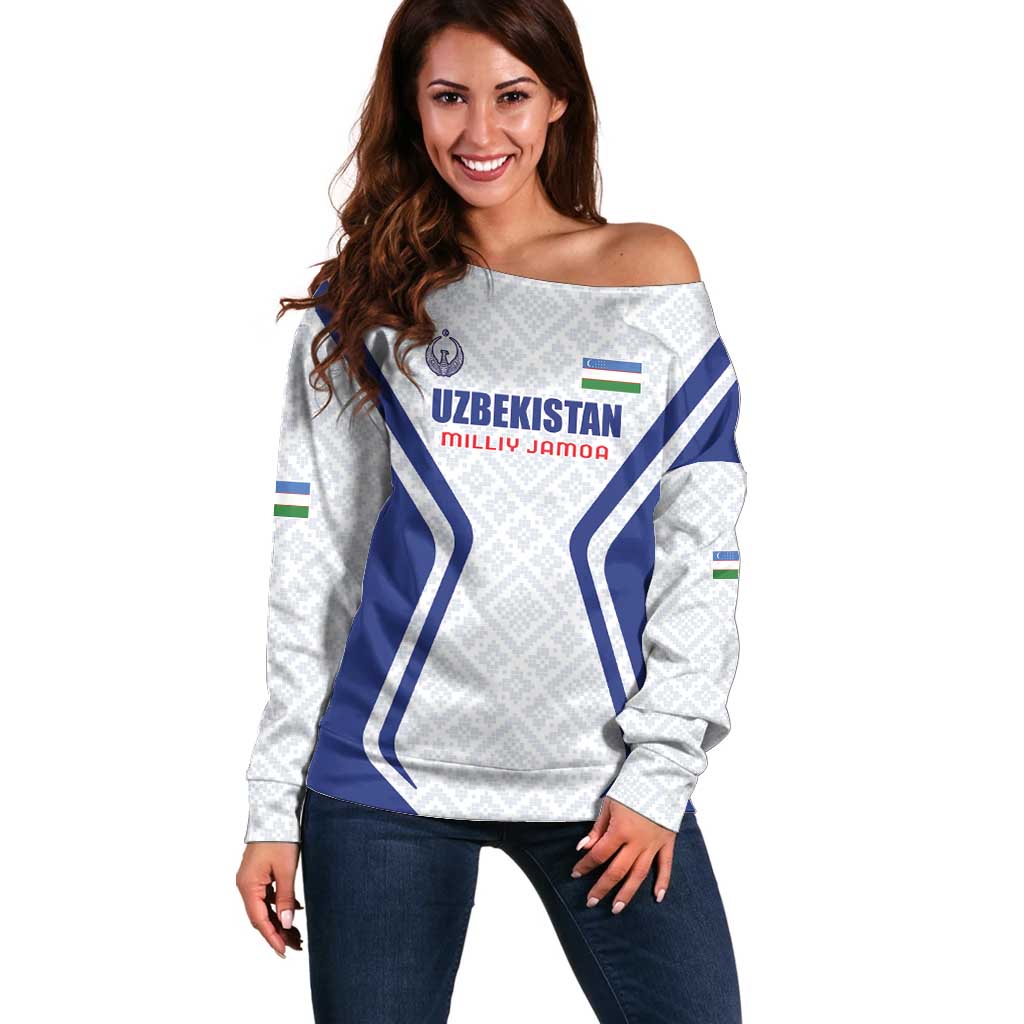 Custom Football Uzbekistan Off Shoulder Sweater Milliy Jamoa White Version - Wonder Print Shop