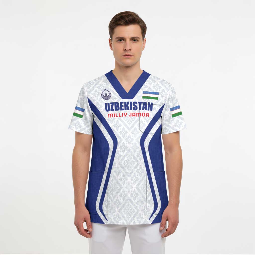 Custom Football Uzbekistan Scrub Top Milliy Jamoa White Version - Wonder Print Shop