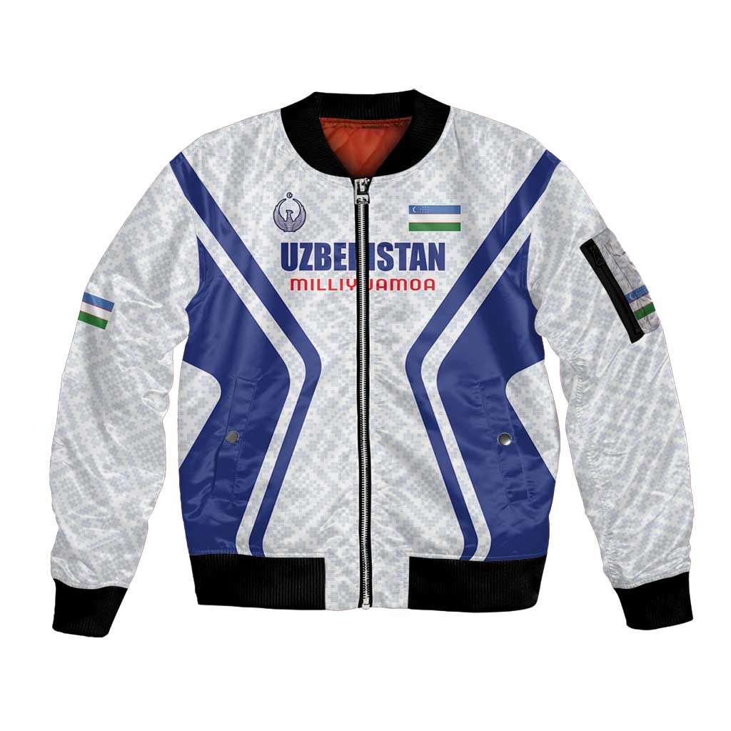 Custom Football Uzbekistan Sleeve Zip Bomber Jacket Milliy Jamoa White Version - Wonder Print Shop