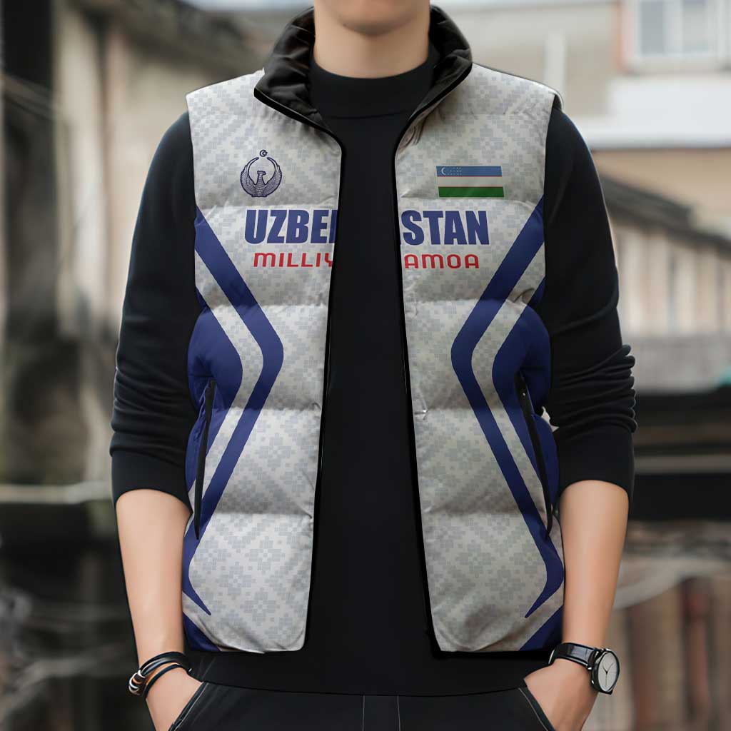 Custom Football Uzbekistan Sleeveless Puffer Jacket Milliy Jamoa White Version - Wonder Print Shop