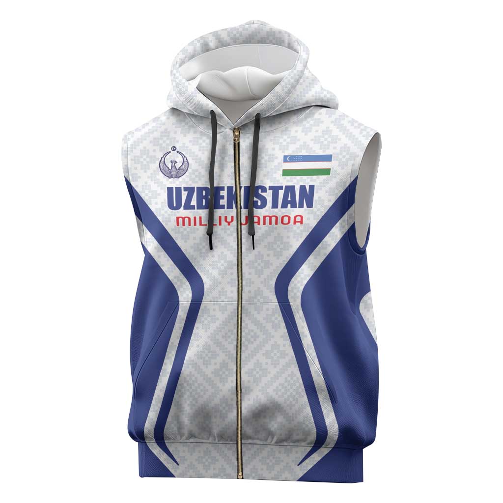Custom Football Uzbekistan Sleeveless Zip Hoodie Milliy Jamoa White Version - Wonder Print Shop