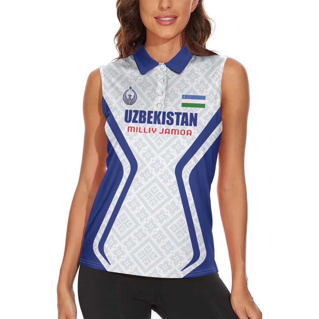 Custom Football Uzbekistan Women Sleeveless Polo Shirt Milliy Jamoa White Version - Wonder Print Shop