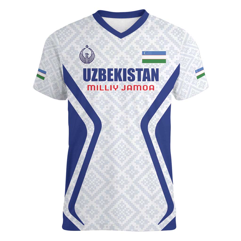 Custom Football Uzbekistan Women V-Neck T-Shirt Milliy Jamoa White Version - Wonder Print Shop