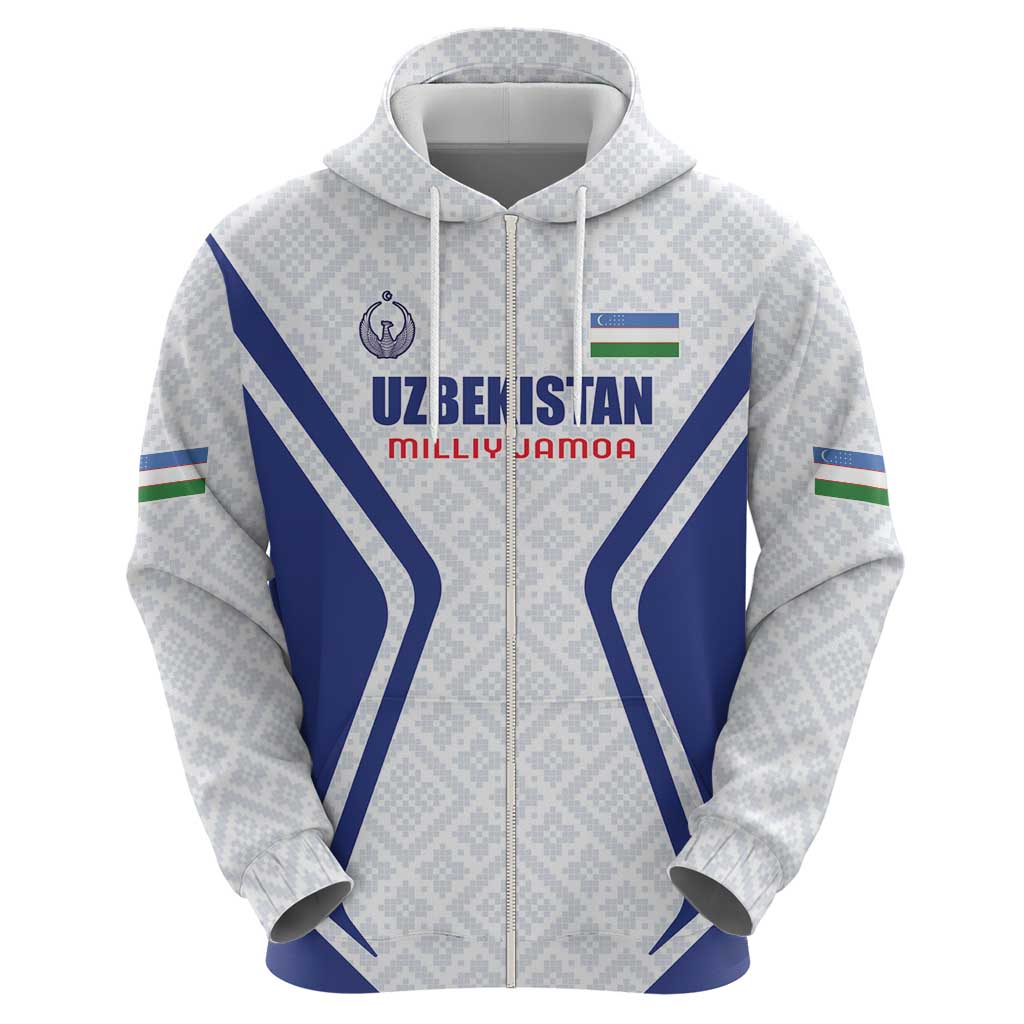 Custom Football Uzbekistan Zip Hoodie Milliy Jamoa White Version - Wonder Print Shop