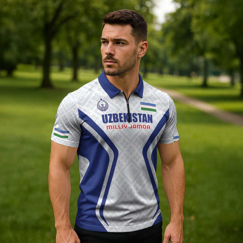 Custom Football Uzbekistan Zipper Polo Shirt Milliy Jamoa White Version - Wonder Print Shop