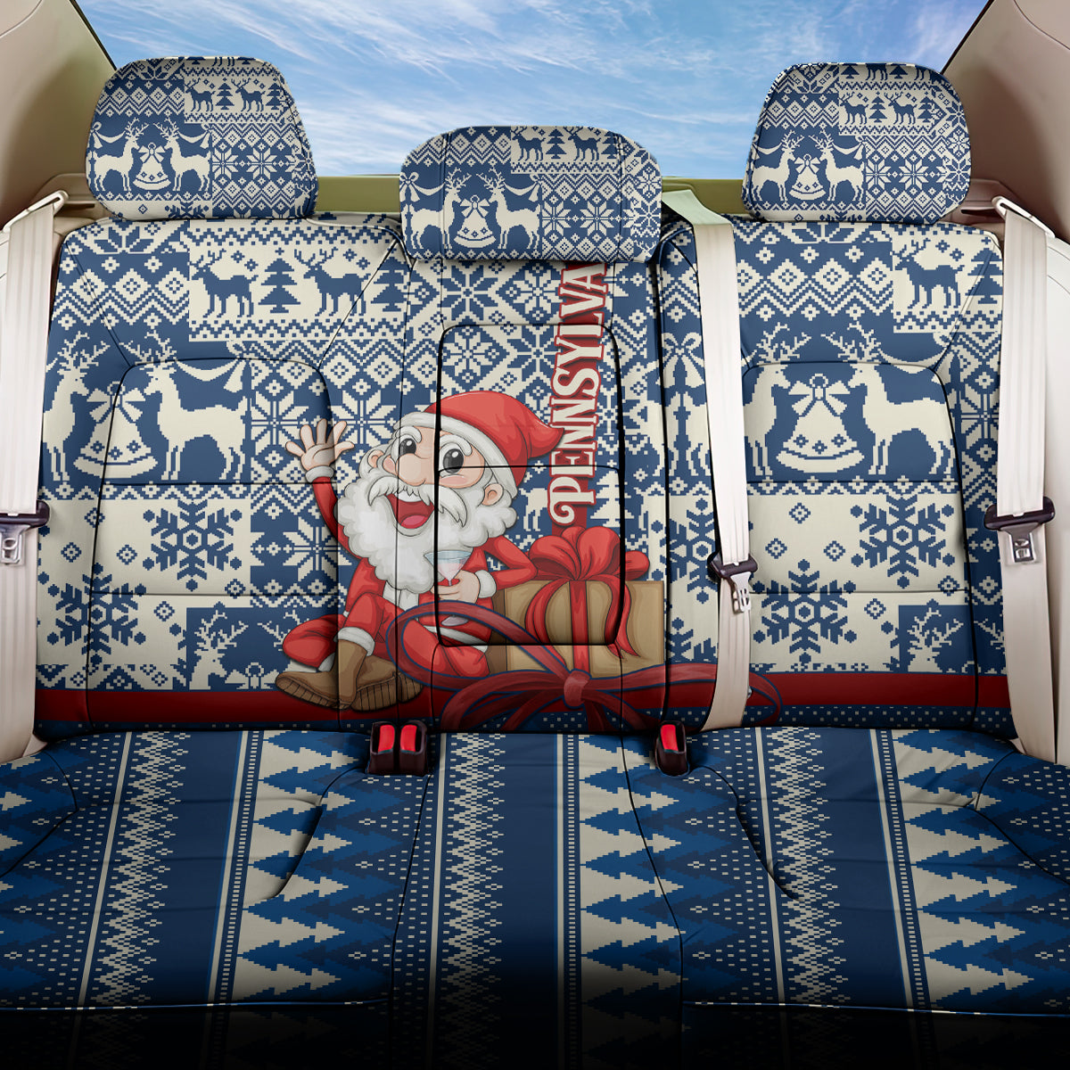Pennsylvania Christmas Back Car Seat Cover Santa Claus With Gift Box Xmas Pattern - Wonder Print Shop