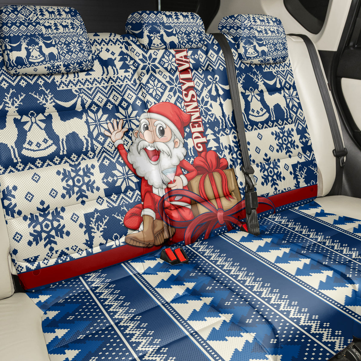 Pennsylvania Christmas Back Car Seat Cover Santa Claus With Gift Box Xmas Pattern - Wonder Print Shop