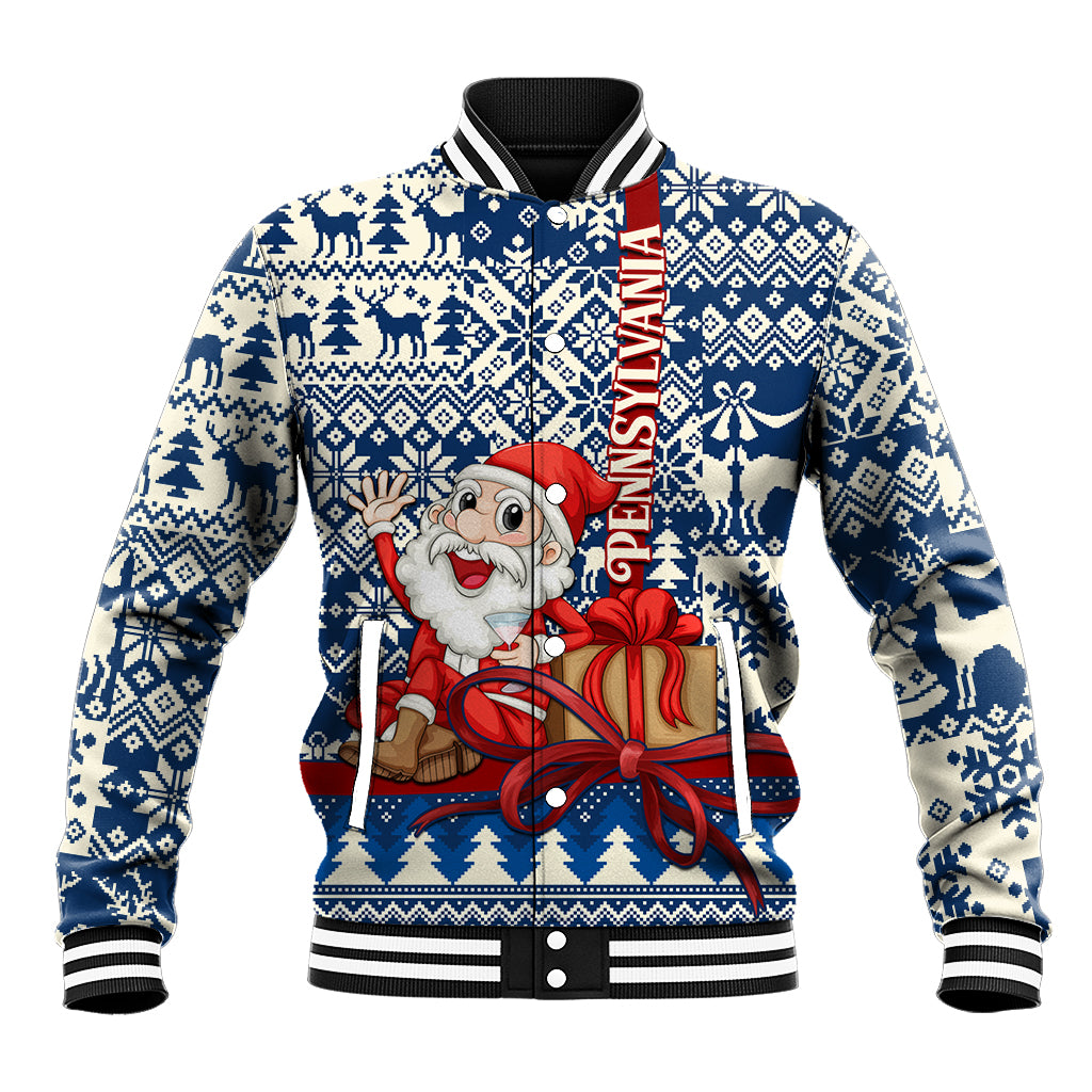 Pennsylvania Christmas Baseball Jacket Santa Claus With Gift Box Xmas Pattern - Wonder Print Shop