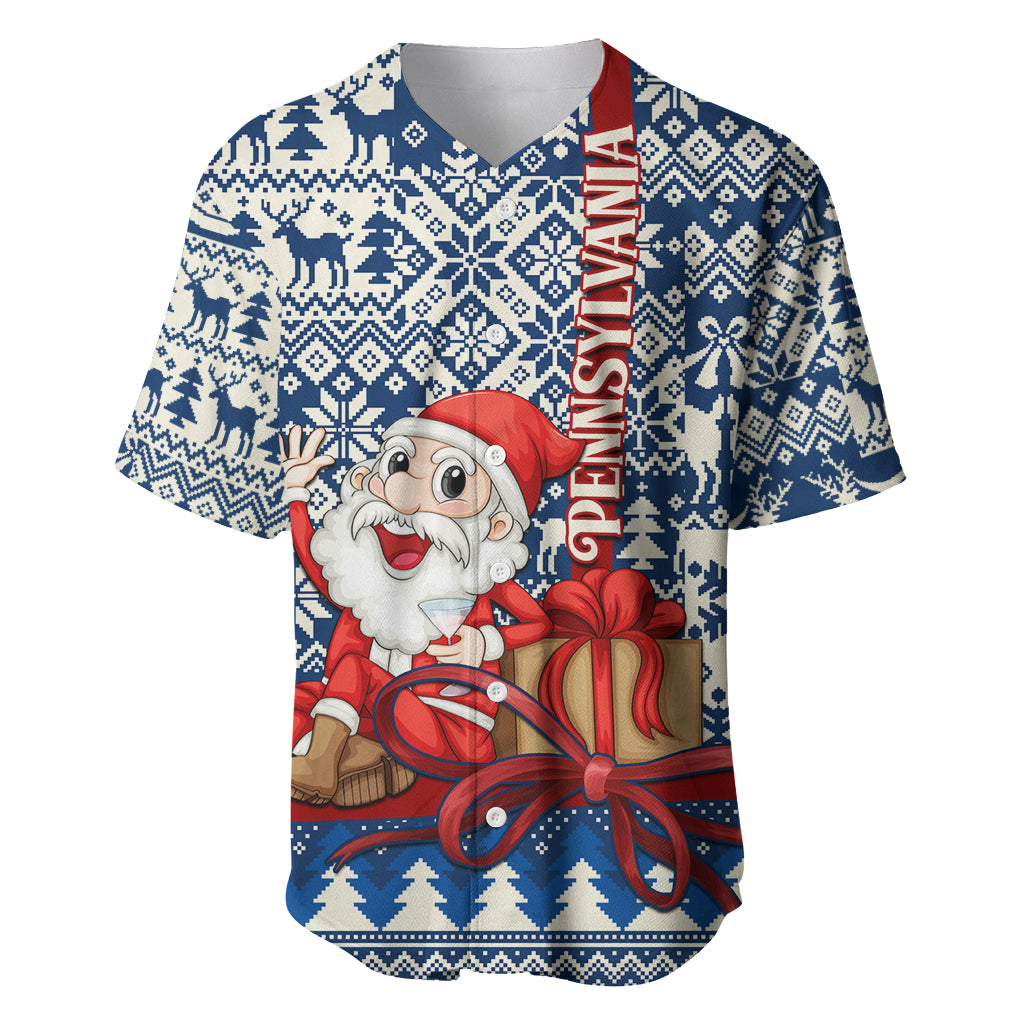 Pennsylvania Christmas Baseball Jersey Santa Claus With Gift Box Xmas Pattern - Wonder Print Shop