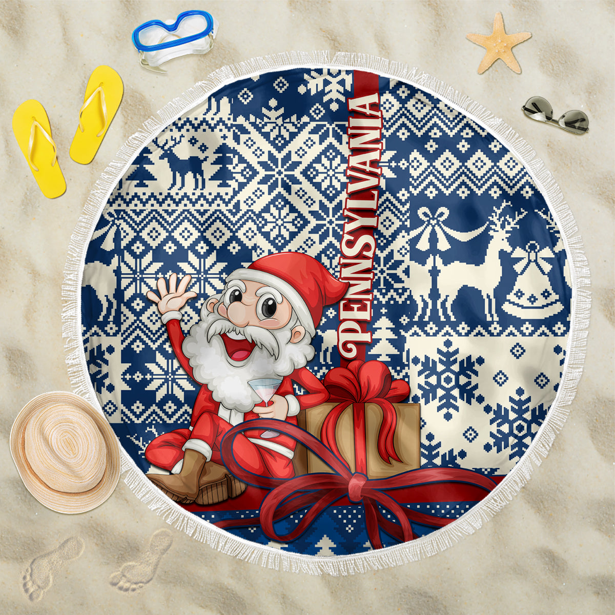 Pennsylvania Christmas Beach Blanket Santa Claus With Gift Box Xmas Pattern - Wonder Print Shop