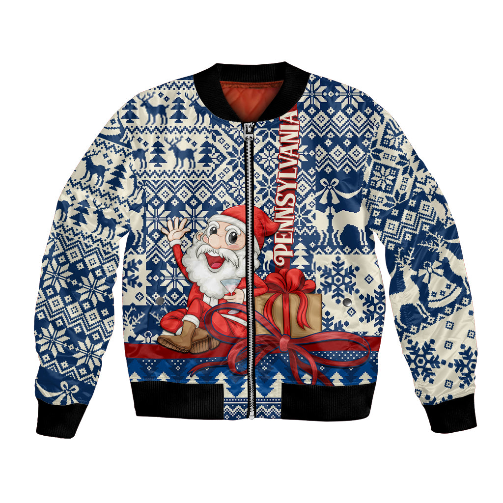 Pennsylvania Christmas Bomber Jacket Santa Claus With Gift Box Xmas Pattern - Wonder Print Shop