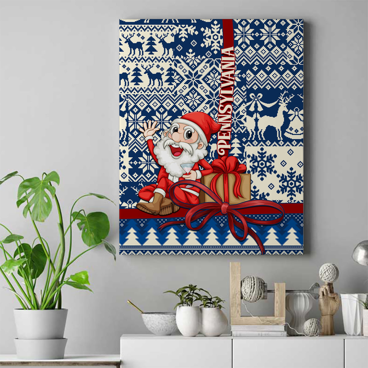 Pennsylvania Christmas Canvas Wall Art Santa Claus With Gift Box Xmas Pattern - Wonder Print Shop