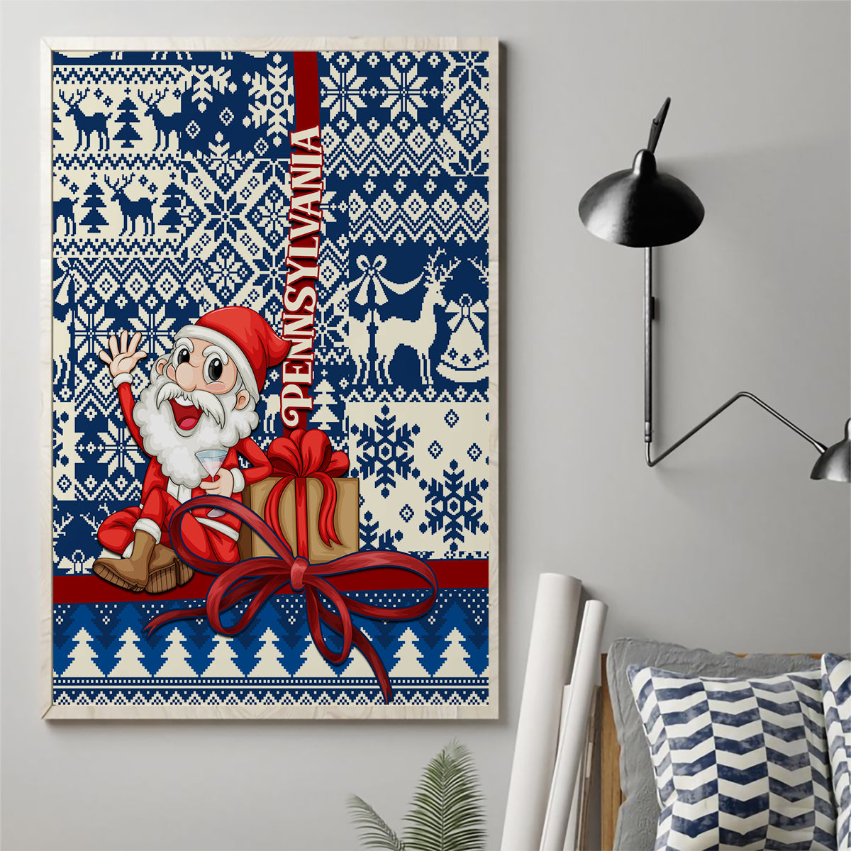Pennsylvania Christmas Canvas Wall Art Santa Claus With Gift Box Xmas Pattern - Wonder Print Shop