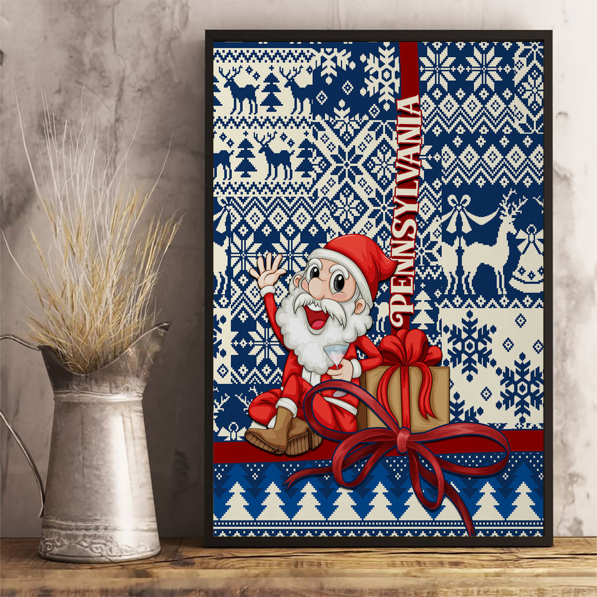 Pennsylvania Christmas Canvas Wall Art Santa Claus With Gift Box Xmas Pattern - Wonder Print Shop