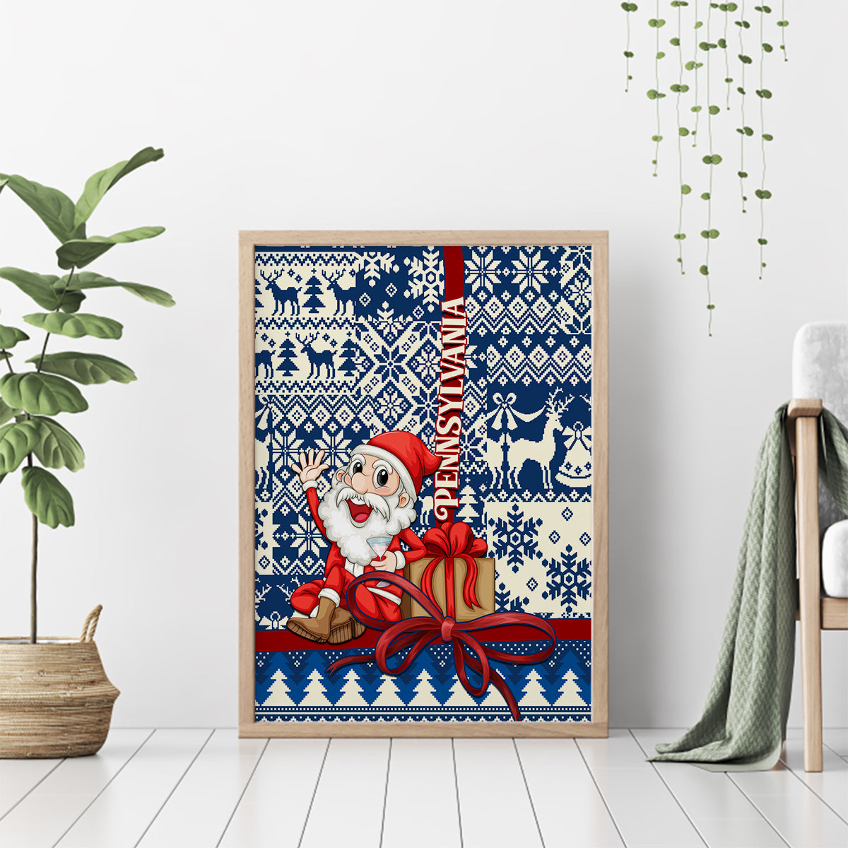 Pennsylvania Christmas Canvas Wall Art Santa Claus With Gift Box Xmas Pattern - Wonder Print Shop