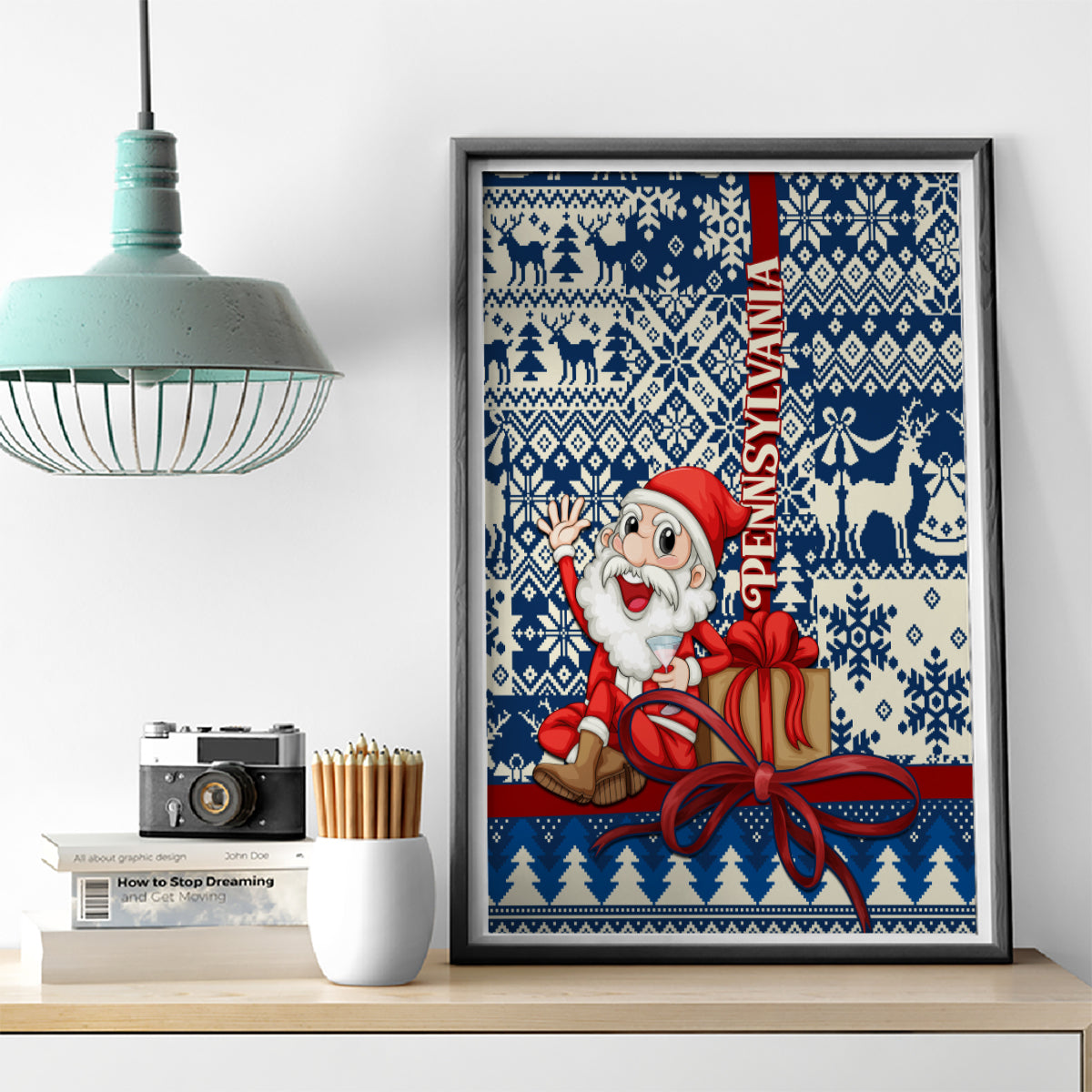 Pennsylvania Christmas Canvas Wall Art Santa Claus With Gift Box Xmas Pattern - Wonder Print Shop