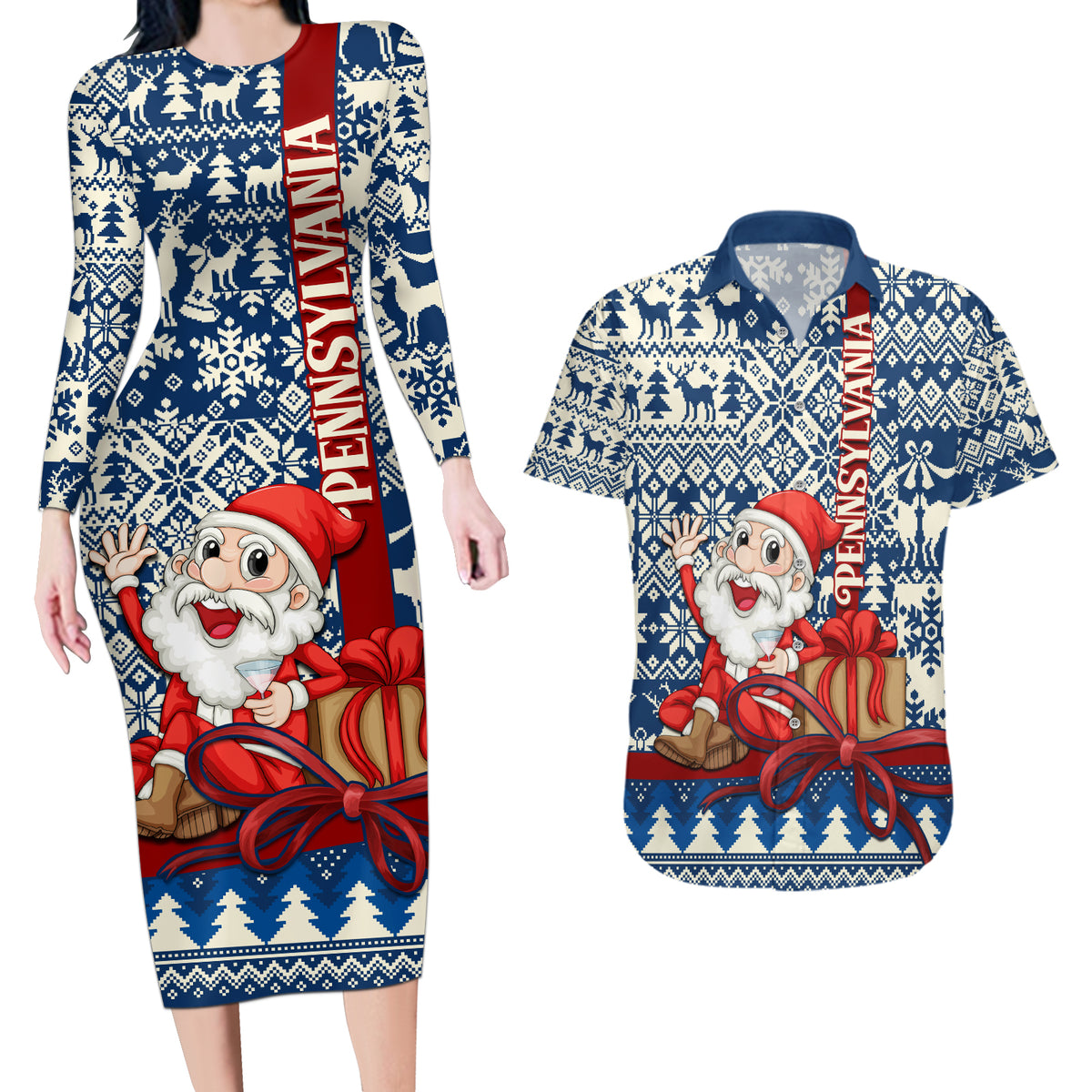 Pennsylvania Christmas Couples Matching Long Sleeve Bodycon Dress and Hawaiian Shirt Santa Claus With Gift Box Xmas Pattern - Wonder Print Shop