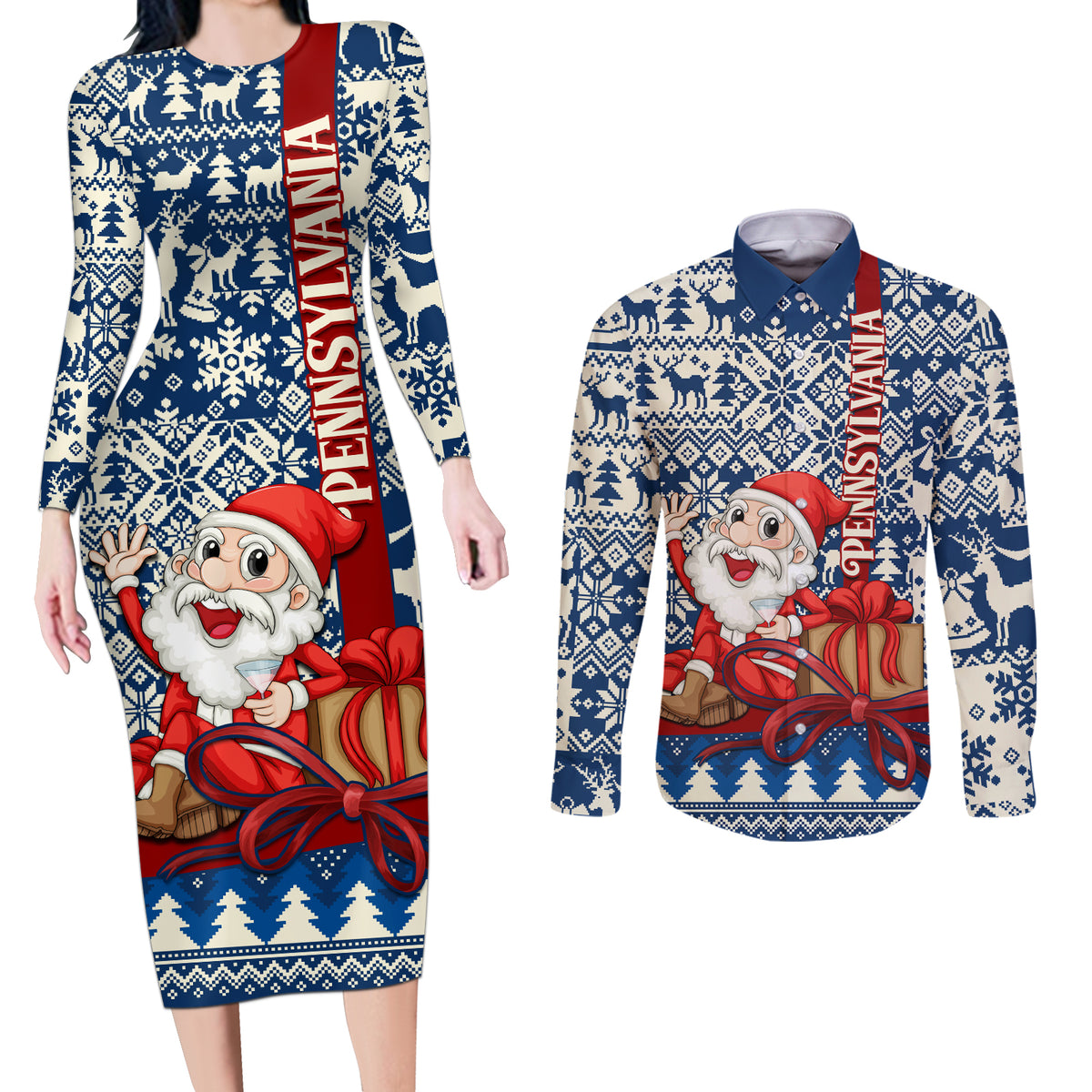 Pennsylvania Christmas Couples Matching Long Sleeve Bodycon Dress and Long Sleeve Button Shirt Santa Claus With Gift Box Xmas Pattern - Wonder Print Shop