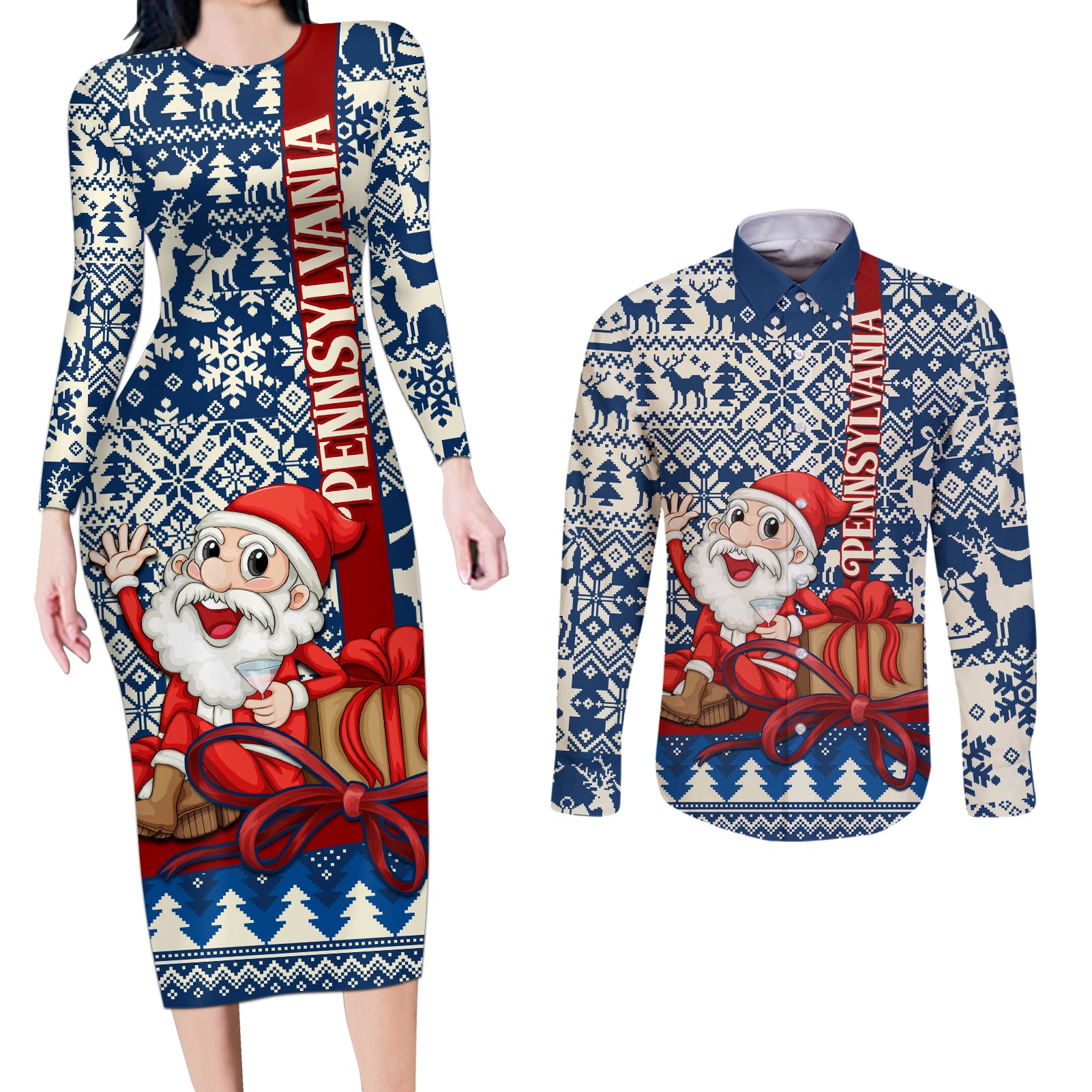 Pennsylvania Christmas Couples Matching Long Sleeve Bodycon Dress and Long Sleeve Button Shirt Santa Claus With Gift Box Xmas Pattern - Wonder Print Shop