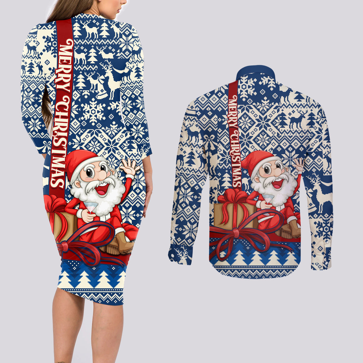 Pennsylvania Christmas Couples Matching Long Sleeve Bodycon Dress and Long Sleeve Button Shirt Santa Claus With Gift Box Xmas Pattern - Wonder Print Shop