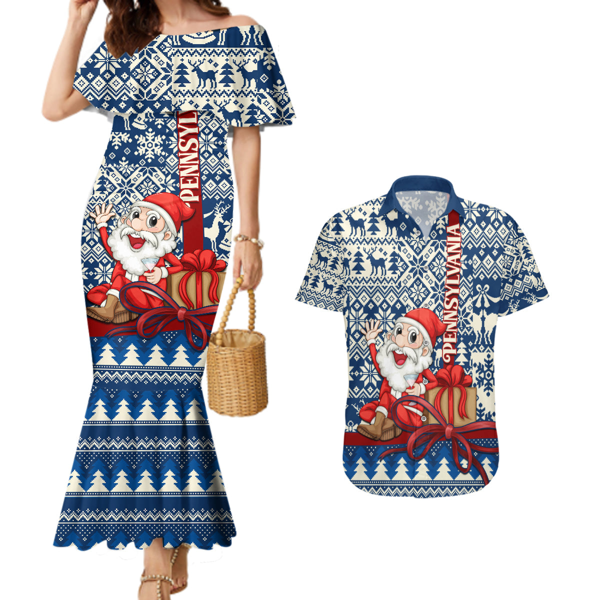 Pennsylvania Christmas Couples Matching Mermaid Dress and Hawaiian Shirt Santa Claus With Gift Box Xmas Pattern - Wonder Print Shop
