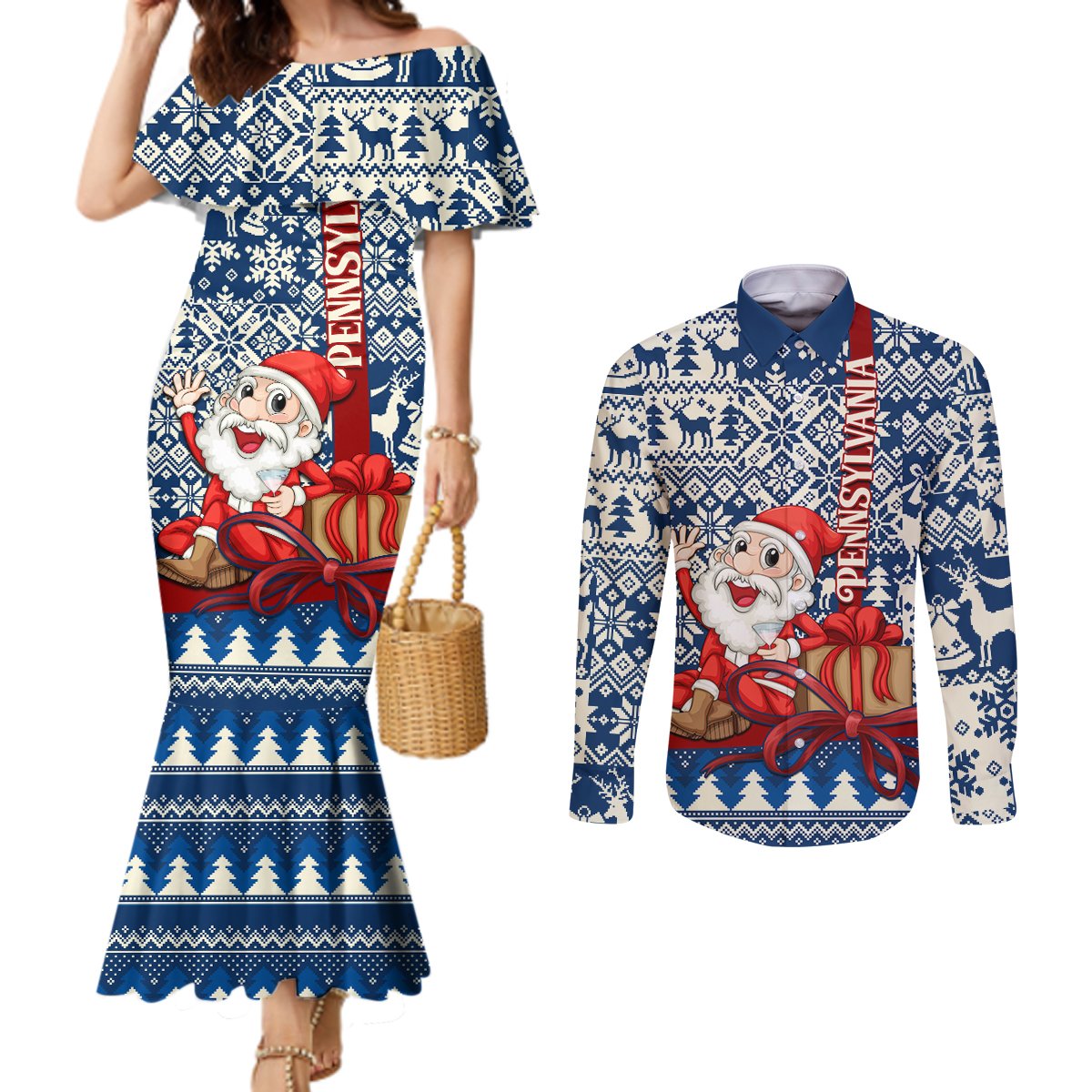 pennsylvania-christmas-couples-matching-mermaid-dress-and-long-sleeve-button-shirt-santa-claus-with-gift-box-xmas-pattern