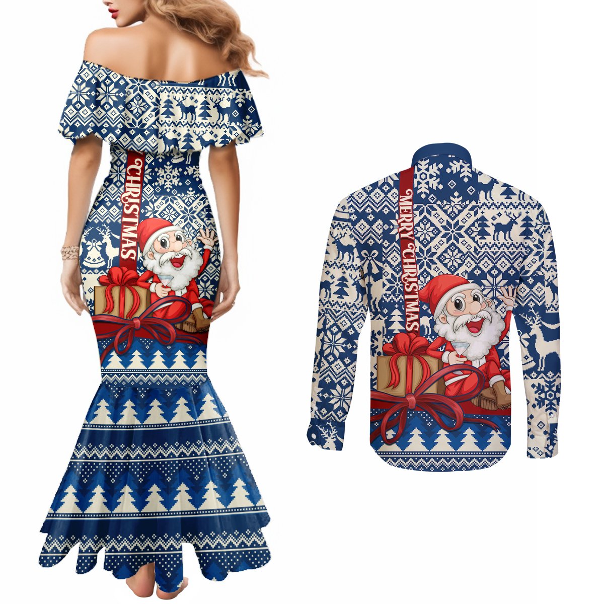 pennsylvania-christmas-couples-matching-mermaid-dress-and-long-sleeve-button-shirt-santa-claus-with-gift-box-xmas-pattern
