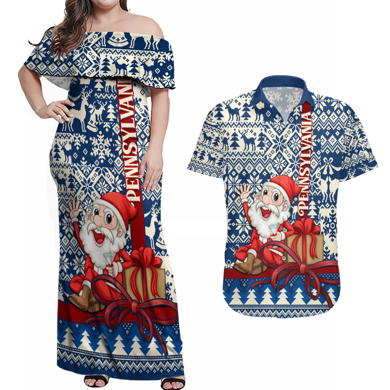 Pennsylvania Christmas Couples Matching Off Shoulder Maxi Dress and Hawaiian Shirt Santa Claus With Gift Box Xmas Pattern - Wonder Print Shop
