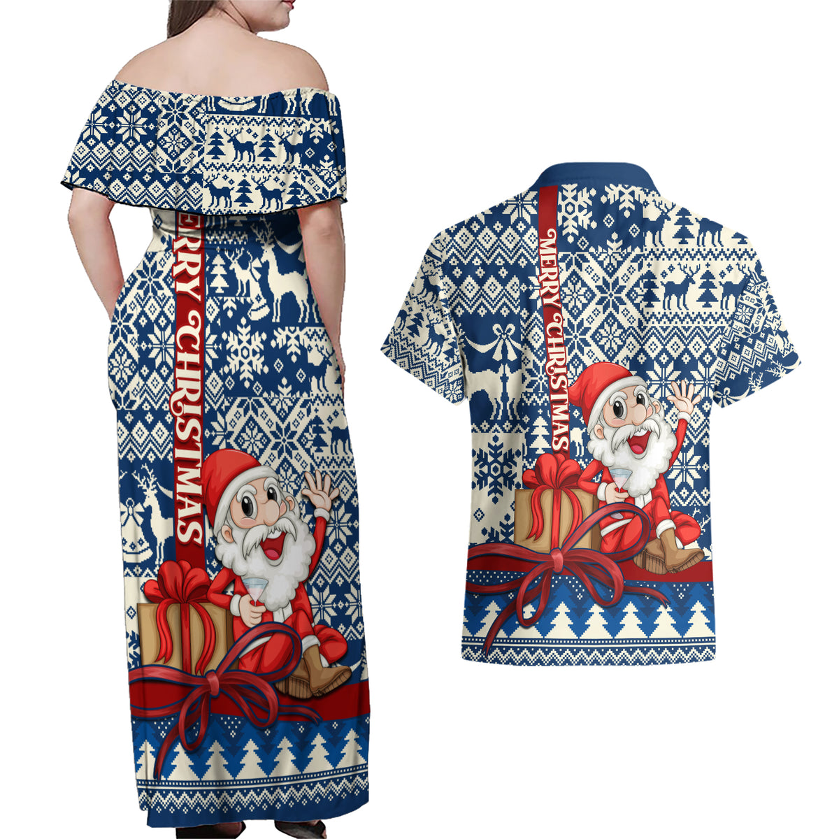 Pennsylvania Christmas Couples Matching Off Shoulder Maxi Dress and Hawaiian Shirt Santa Claus With Gift Box Xmas Pattern - Wonder Print Shop