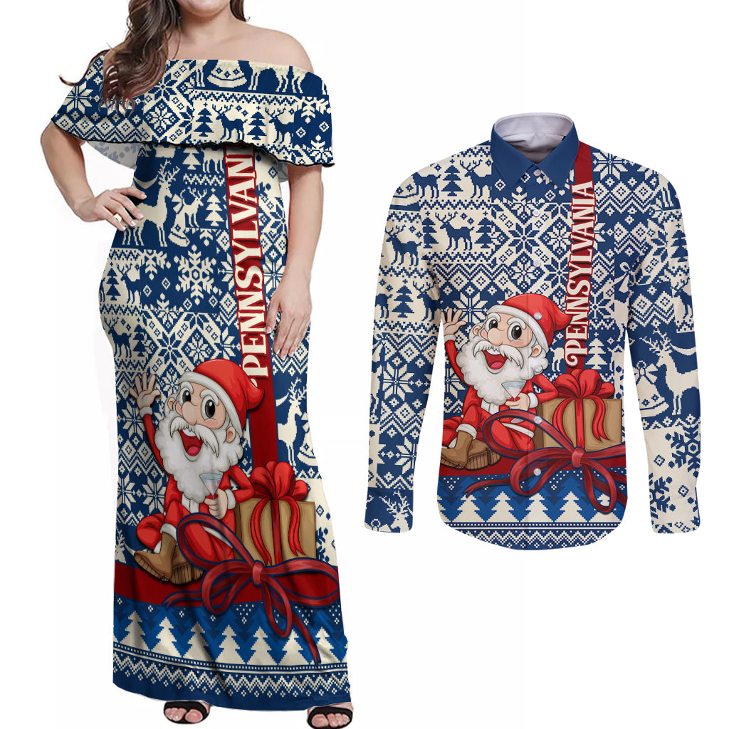 Pennsylvania Christmas Couples Matching Off Shoulder Maxi Dress and Long Sleeve Button Shirt Santa Claus With Gift Box Xmas Pattern - Wonder Print Shop