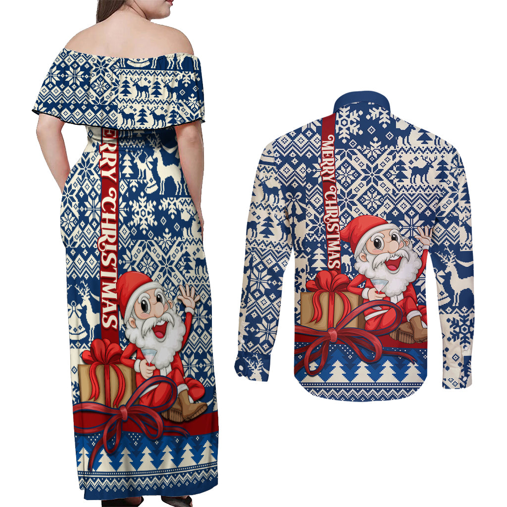 Pennsylvania Christmas Couples Matching Off Shoulder Maxi Dress and Long Sleeve Button Shirt Santa Claus With Gift Box Xmas Pattern - Wonder Print Shop
