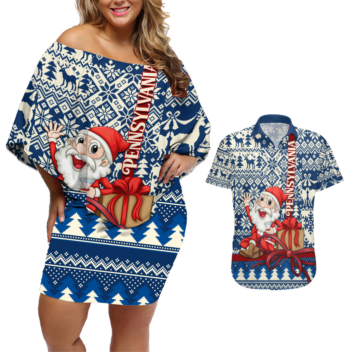 Pennsylvania Christmas Couples Matching Off Shoulder Short Dress and Hawaiian Shirt Santa Claus With Gift Box Xmas Pattern - Wonder Print Shop