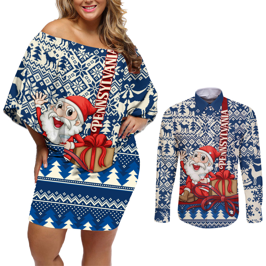 Pennsylvania Christmas Couples Matching Off Shoulder Short Dress and Long Sleeve Button Shirt Santa Claus With Gift Box Xmas Pattern - Wonder Print Shop