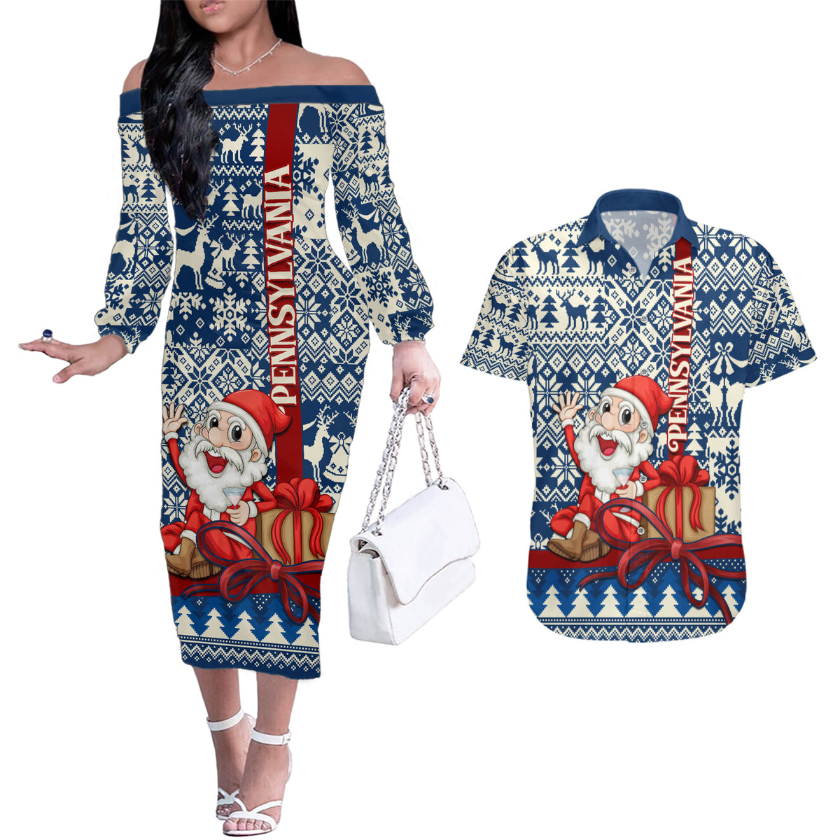 Pennsylvania Christmas Couples Matching Off The Shoulder Long Sleeve Dress and Hawaiian Shirt Santa Claus With Gift Box Xmas Pattern - Wonder Print Shop