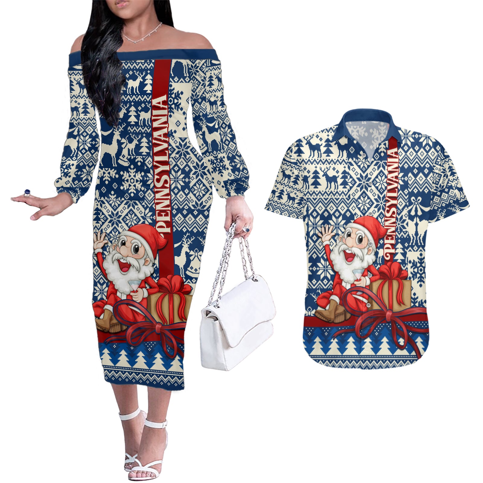 Pennsylvania Christmas Couples Matching Off The Shoulder Long Sleeve Dress and Hawaiian Shirt Santa Claus With Gift Box Xmas Pattern - Wonder Print Shop