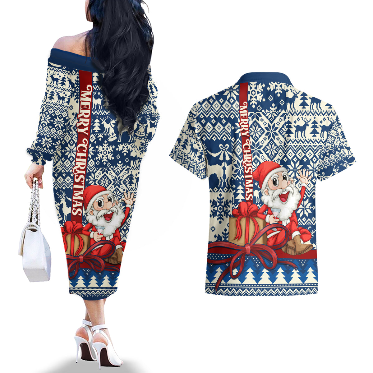 Pennsylvania Christmas Couples Matching Off The Shoulder Long Sleeve Dress and Hawaiian Shirt Santa Claus With Gift Box Xmas Pattern - Wonder Print Shop
