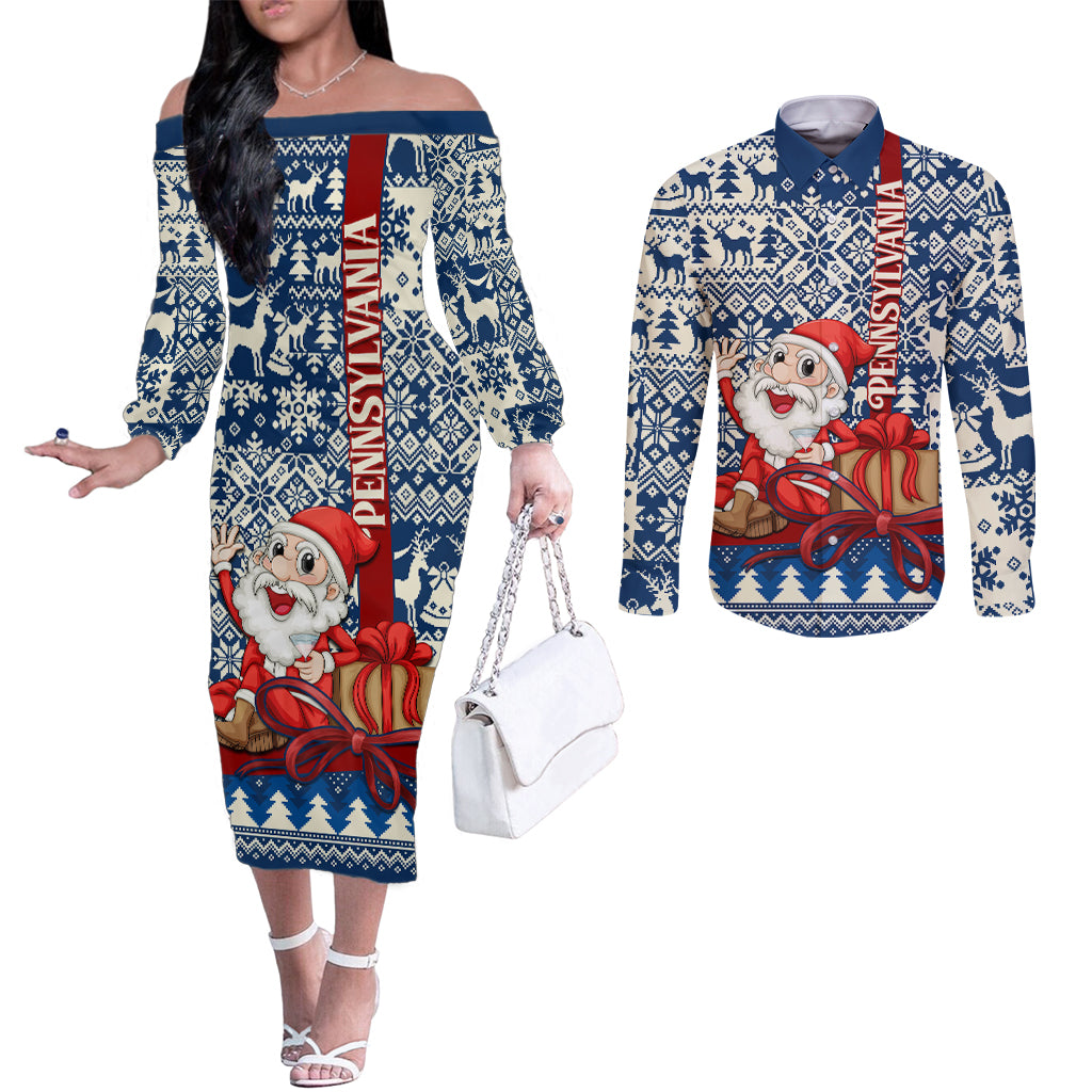 pennsylvania-christmas-couples-matching-off-the-shoulder-long-sleeve-dress-and-long-sleeve-button-shirt-santa-claus-with-gift-box-xmas-pattern