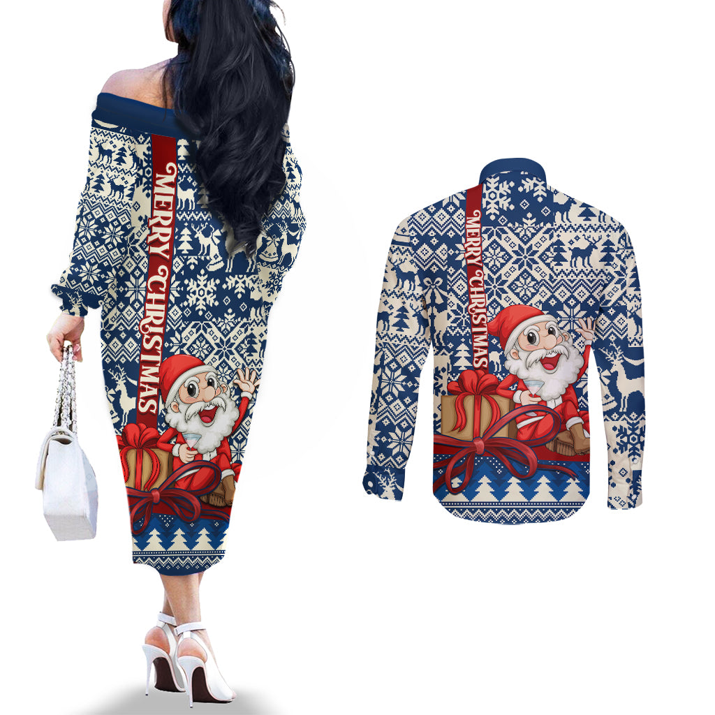 pennsylvania-christmas-couples-matching-off-the-shoulder-long-sleeve-dress-and-long-sleeve-button-shirt-santa-claus-with-gift-box-xmas-pattern