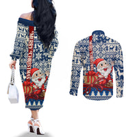 pennsylvania-christmas-couples-matching-off-the-shoulder-long-sleeve-dress-and-long-sleeve-button-shirt-santa-claus-with-gift-box-xmas-pattern