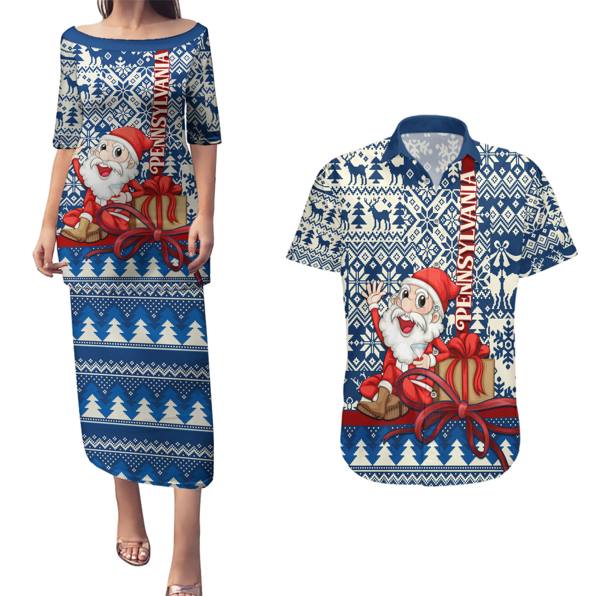 Pennsylvania Christmas Couples Matching Puletasi Dress and Hawaiian Shirt Santa Claus With Gift Box Xmas Pattern - Wonder Print Shop