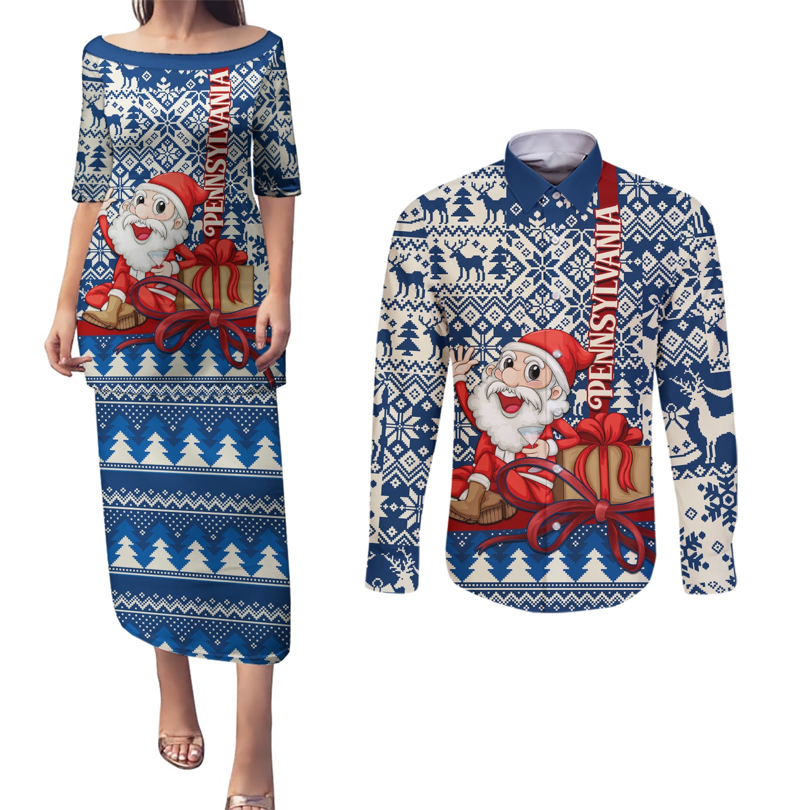Pennsylvania Christmas Couples Matching Puletasi Dress and Long Sleeve Button Shirt Santa Claus With Gift Box Xmas Pattern - Wonder Print Shop