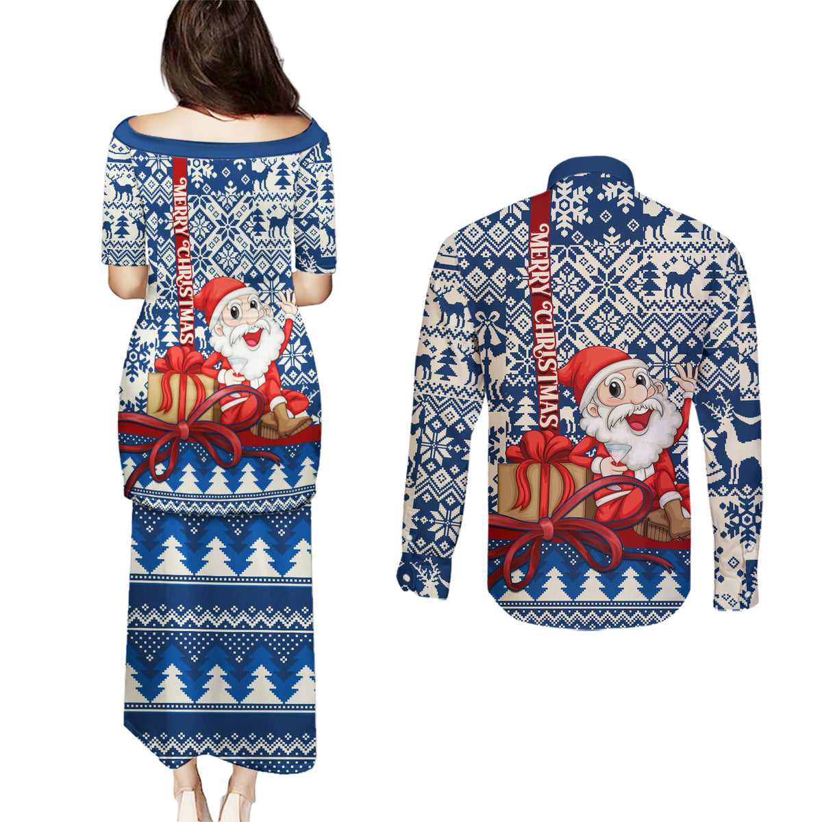 Pennsylvania Christmas Couples Matching Puletasi Dress and Long Sleeve Button Shirt Santa Claus With Gift Box Xmas Pattern - Wonder Print Shop