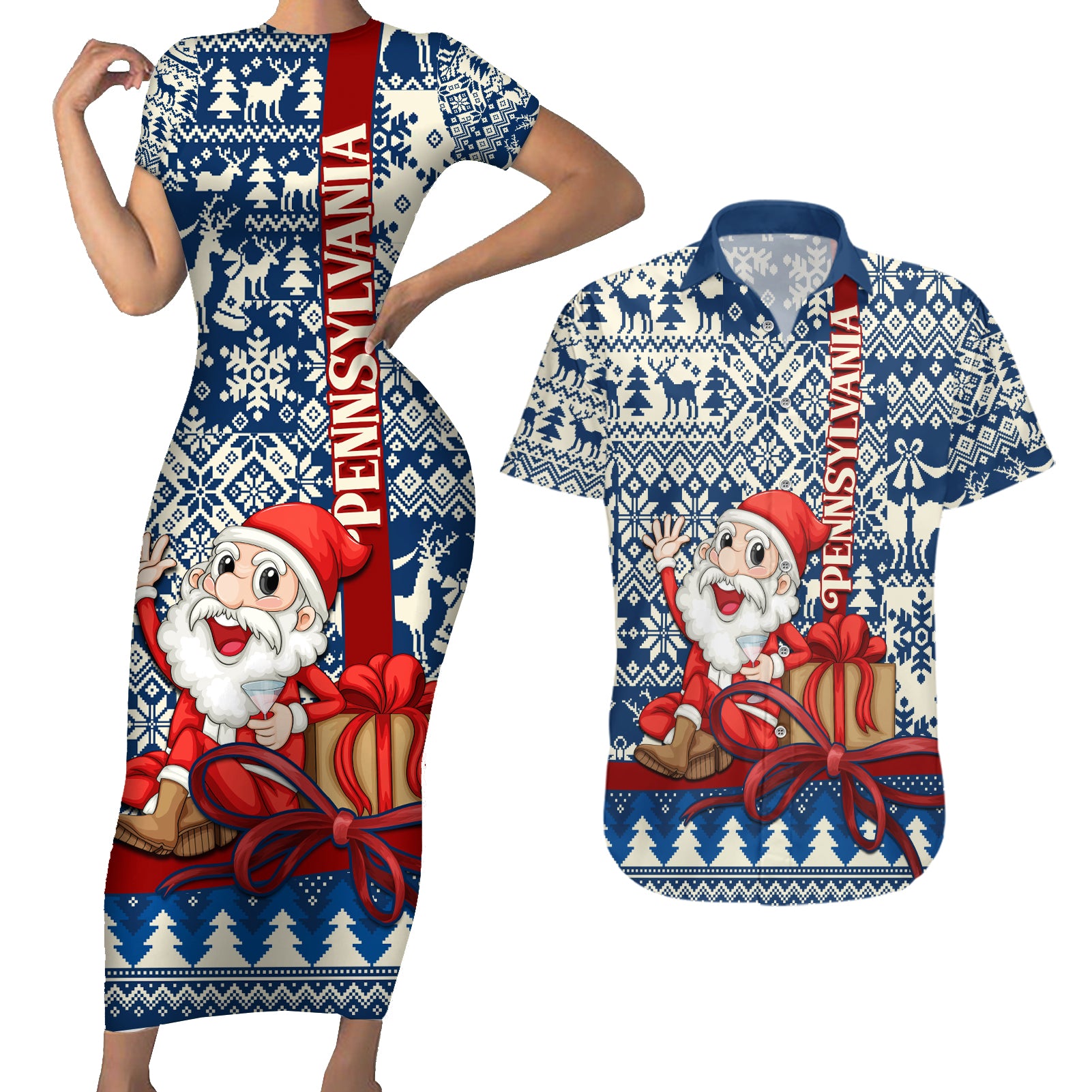 Pennsylvania Christmas Couples Matching Short Sleeve Bodycon Dress and Hawaiian Shirt Santa Claus With Gift Box Xmas Pattern - Wonder Print Shop