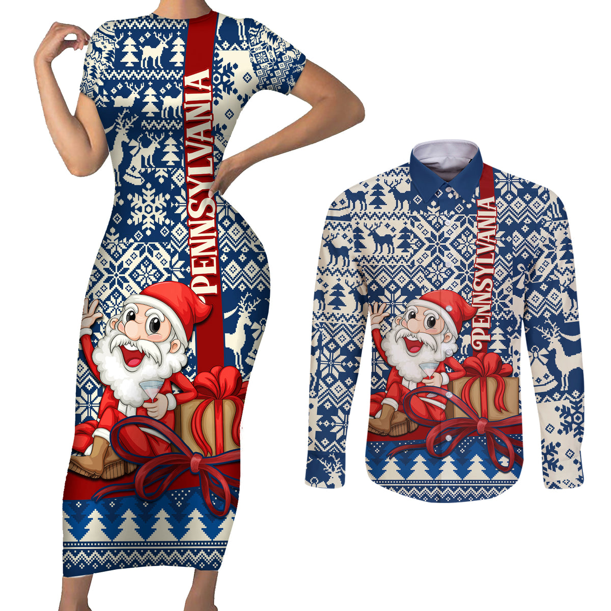 Pennsylvania Christmas Couples Matching Short Sleeve Bodycon Dress and Long Sleeve Button Shirt Santa Claus With Gift Box Xmas Pattern - Wonder Print Shop