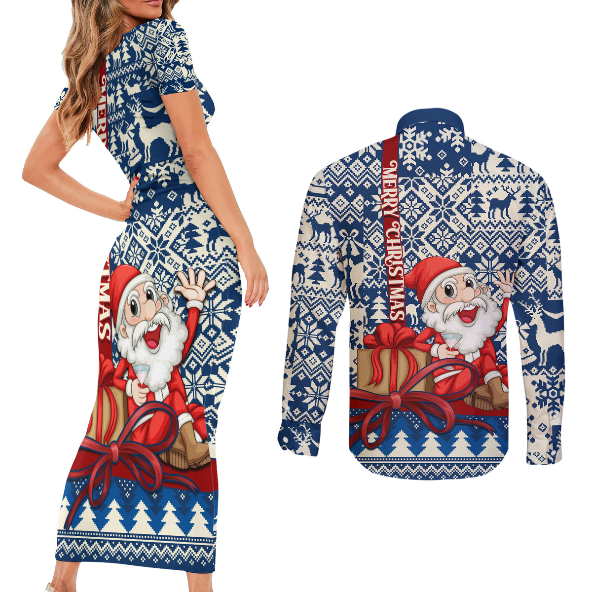 Pennsylvania Christmas Couples Matching Short Sleeve Bodycon Dress and Long Sleeve Button Shirt Santa Claus With Gift Box Xmas Pattern - Wonder Print Shop
