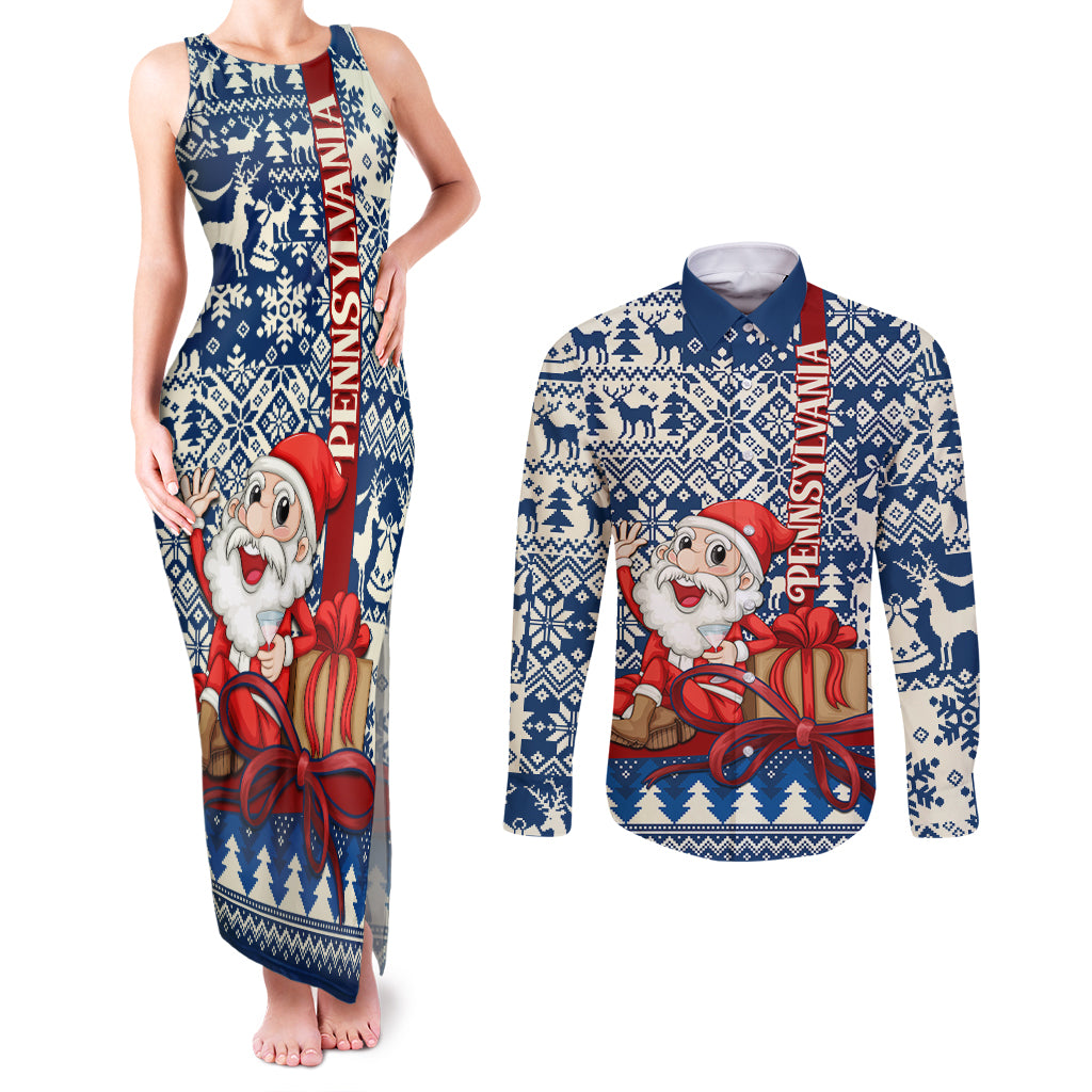 Pennsylvania Christmas Couples Matching Tank Maxi Dress and Long Sleeve Button Shirt Santa Claus With Gift Box Xmas Pattern - Wonder Print Shop