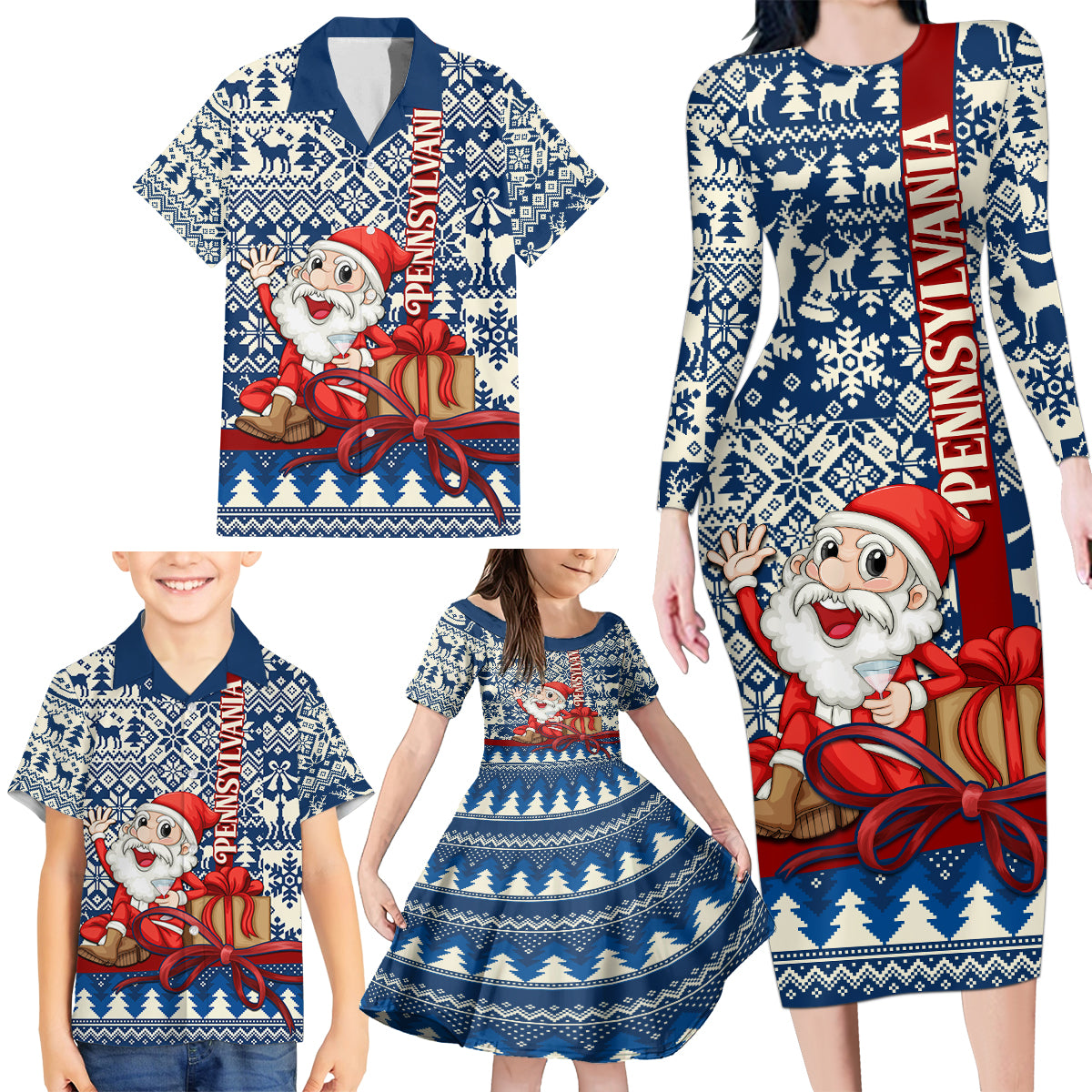 Pennsylvania Christmas Family Matching Long Sleeve Bodycon Dress and Hawaiian Shirt Santa Claus With Gift Box Xmas Pattern - Wonder Print Shop
